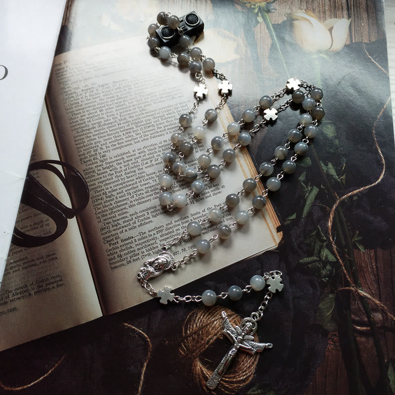 Olivenorma Gray Moonstone Jesus Cross Rosary Necklace