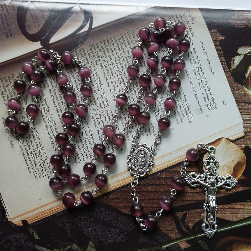 Olivenorma Purple Cat's Eye Stone Cross Rosary Necklace