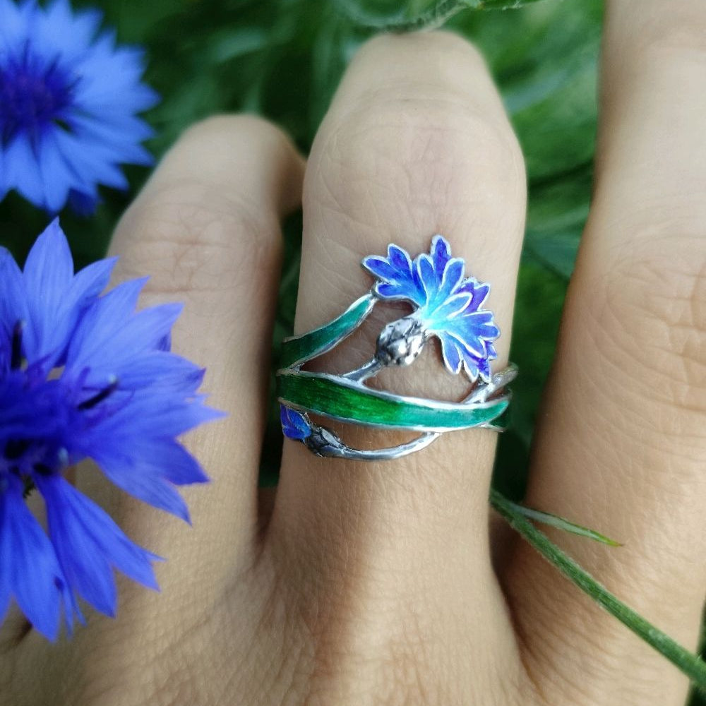Nature Blue Enamel Flower Ring
