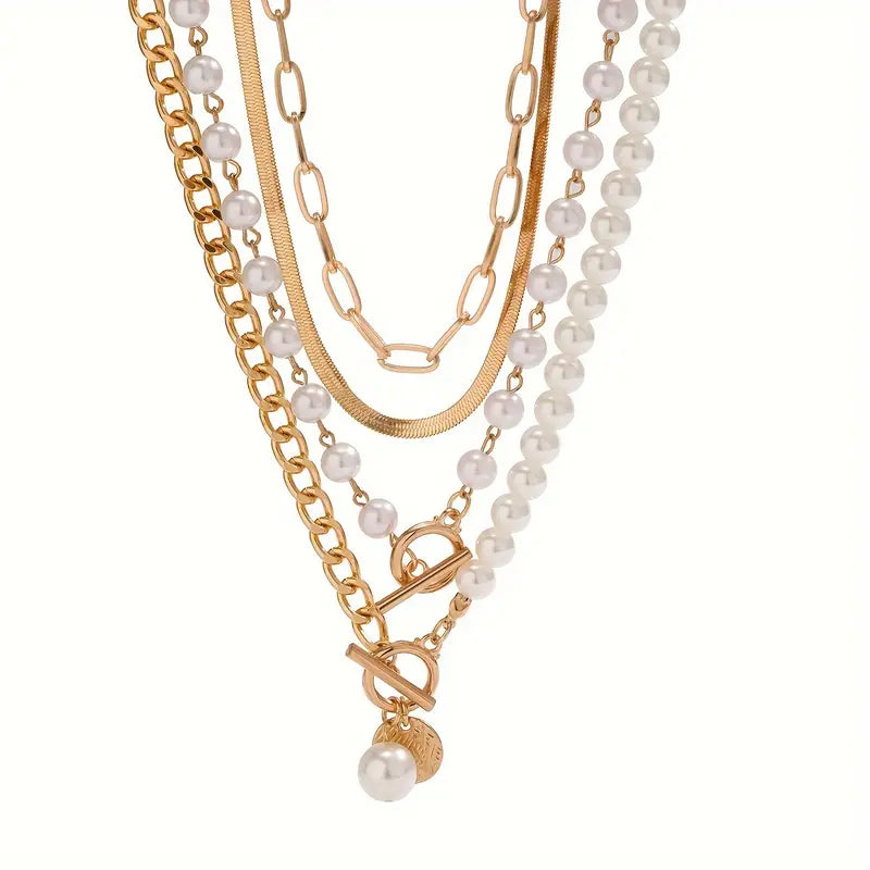 Elegant Pearl & Gold Snake Chain Necklace Set