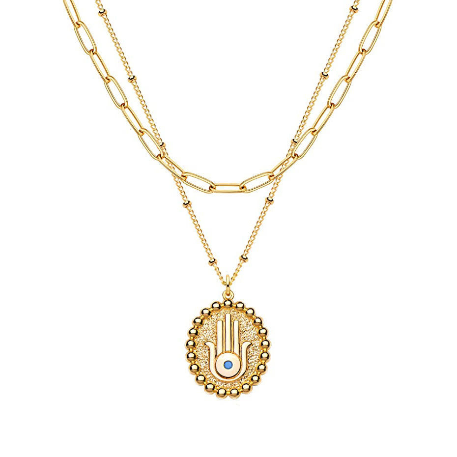 Olivenorma Evil Eye Hamsa Gold Color Layered Chain Necklace