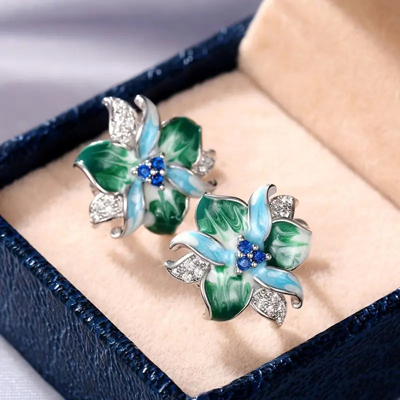 Green & Blue Enamel Blossom Earrings