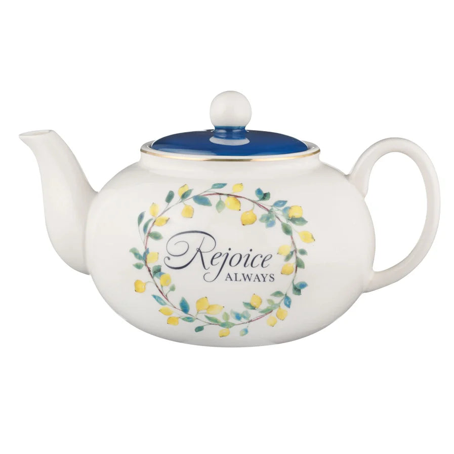 Blue "Rejoice" Ceramic Teapot