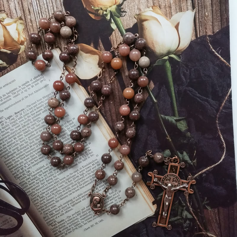 Olivenorma Purple Aventurine Copper Cross Pendant Rosary Necklace