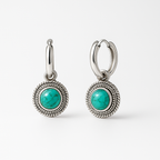 Turquoise Coin Hoop Silvered Earrings