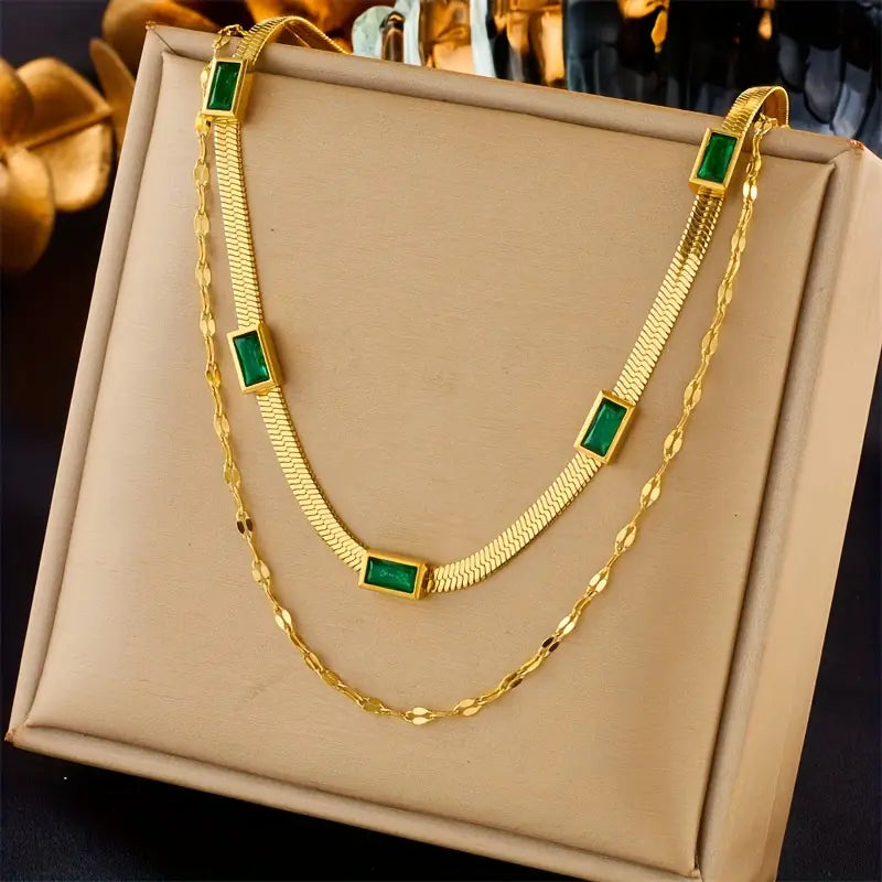 Vintage Gold Double-Layer Emerald Charm Necklace
