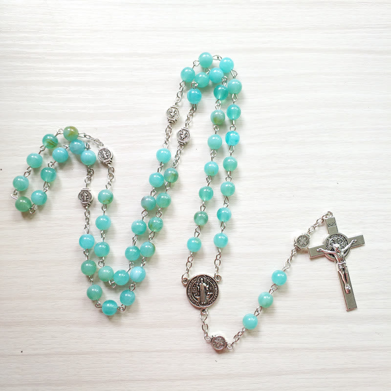 Olivenorma Amazonite Medal Cross Rosary Pendant Necklace