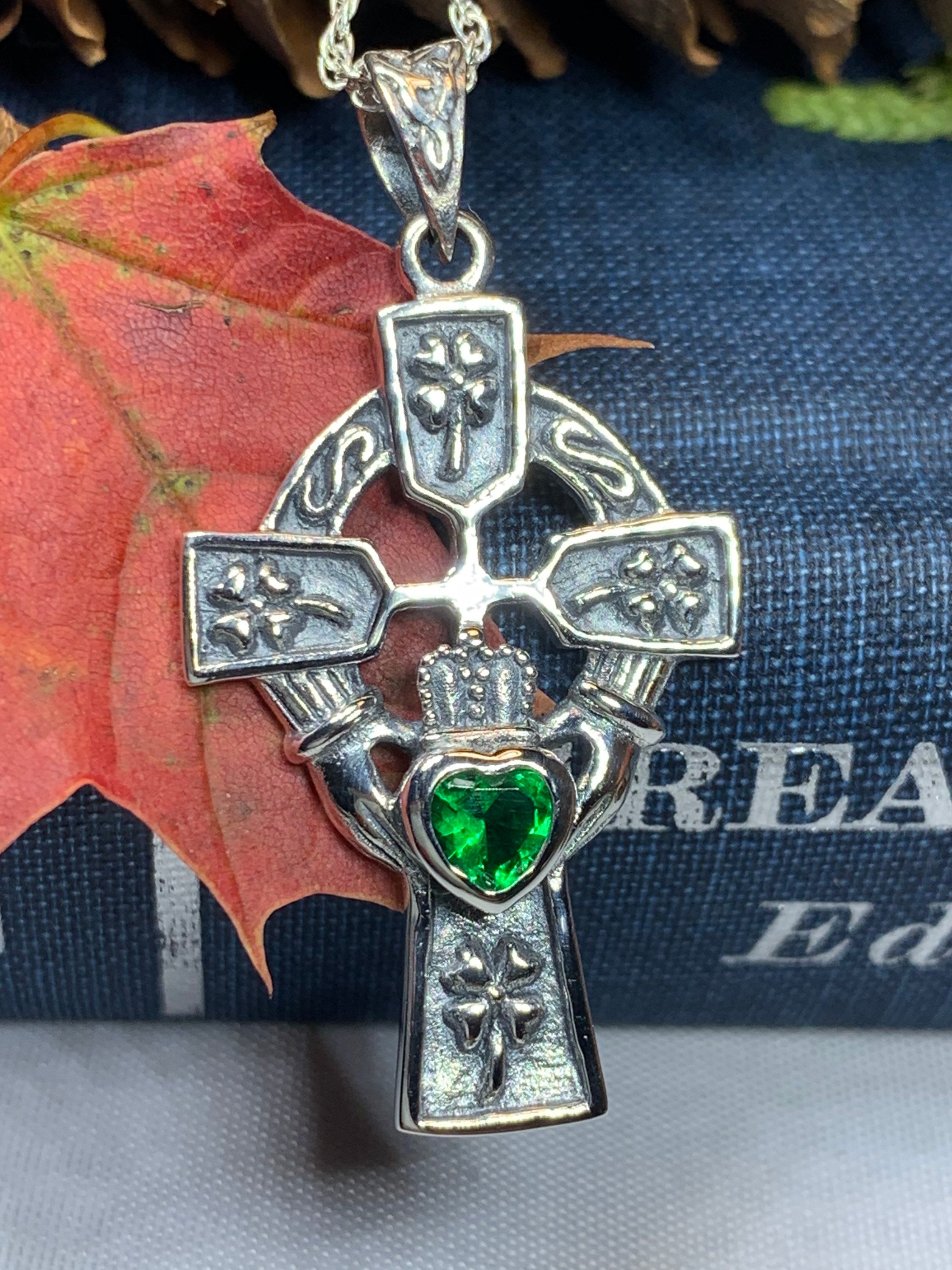 Irish Love Shamrock Claddagh Cross Necklace