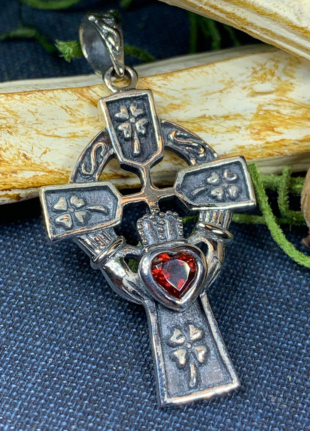 Irish Love Shamrock Claddagh Cross Necklace