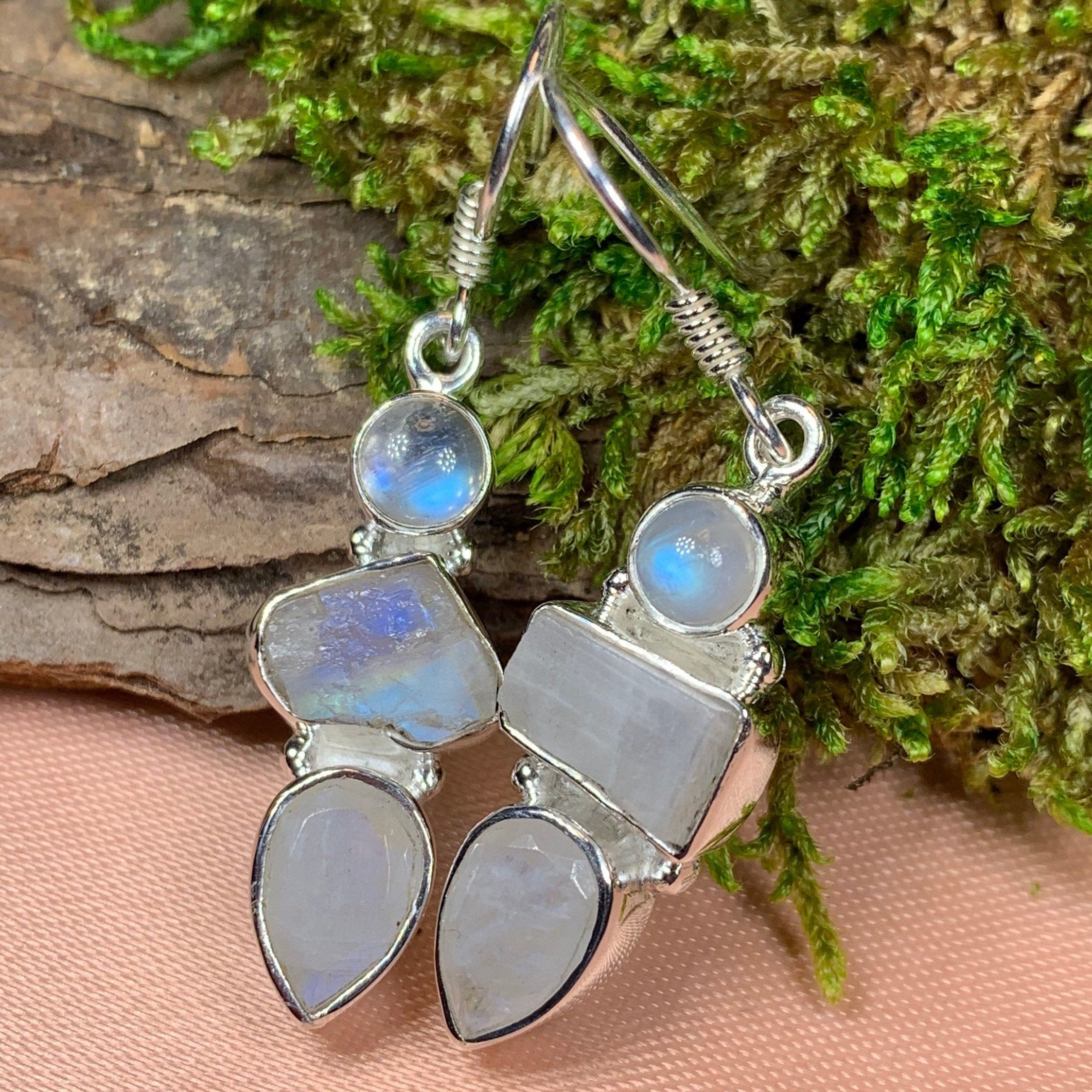Triple Moon Moonstone Earrings