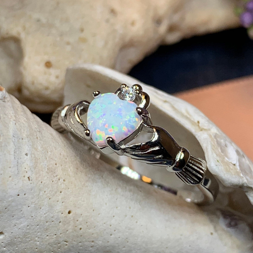 White Fire Opal Claddagh Ring