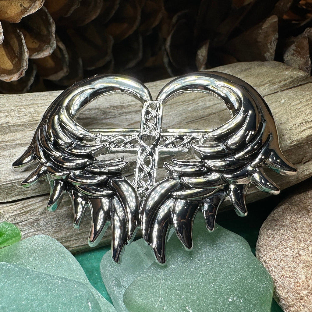 Angel Wings Celtic Cross Brooch