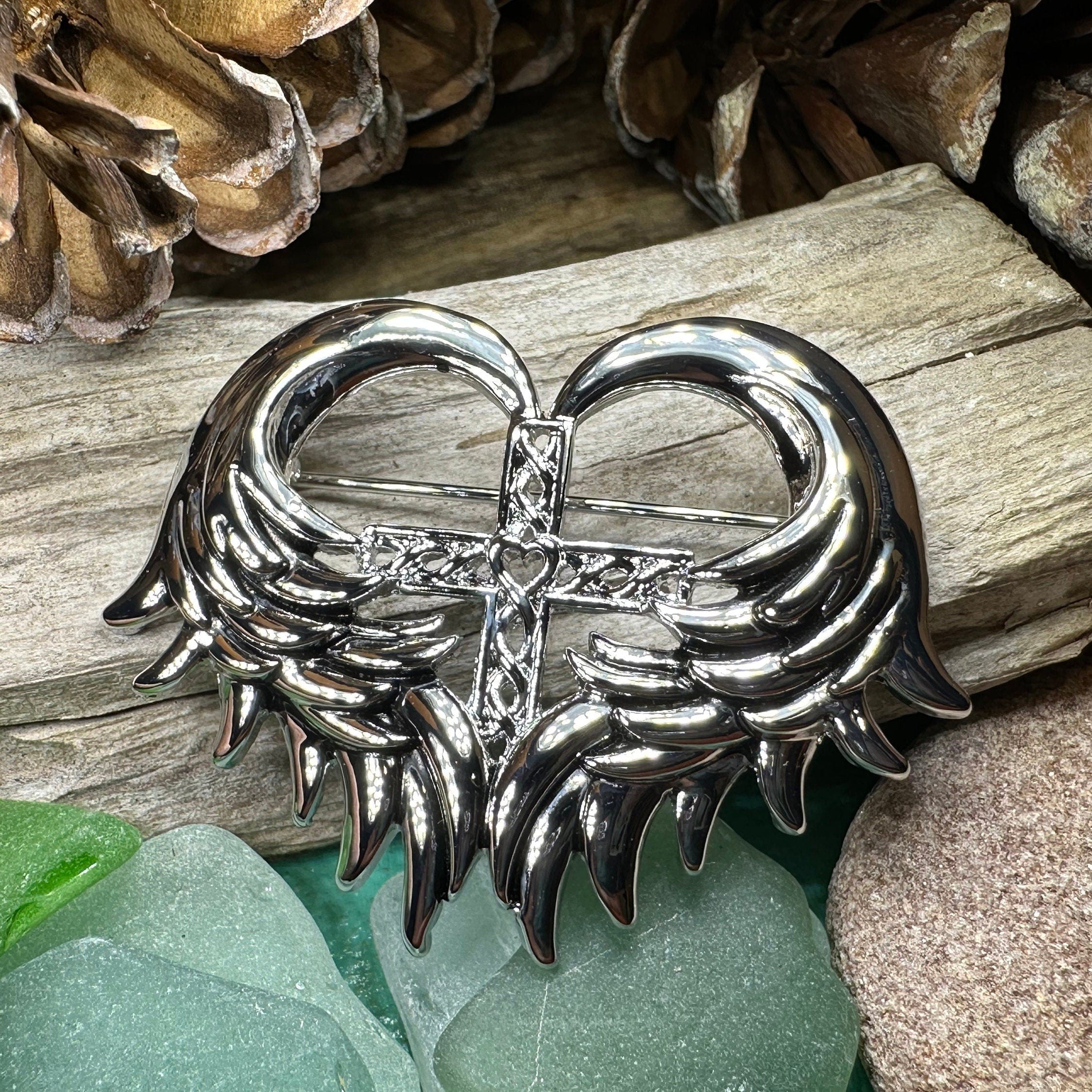 Angel Wings Celtic Cross Brooch