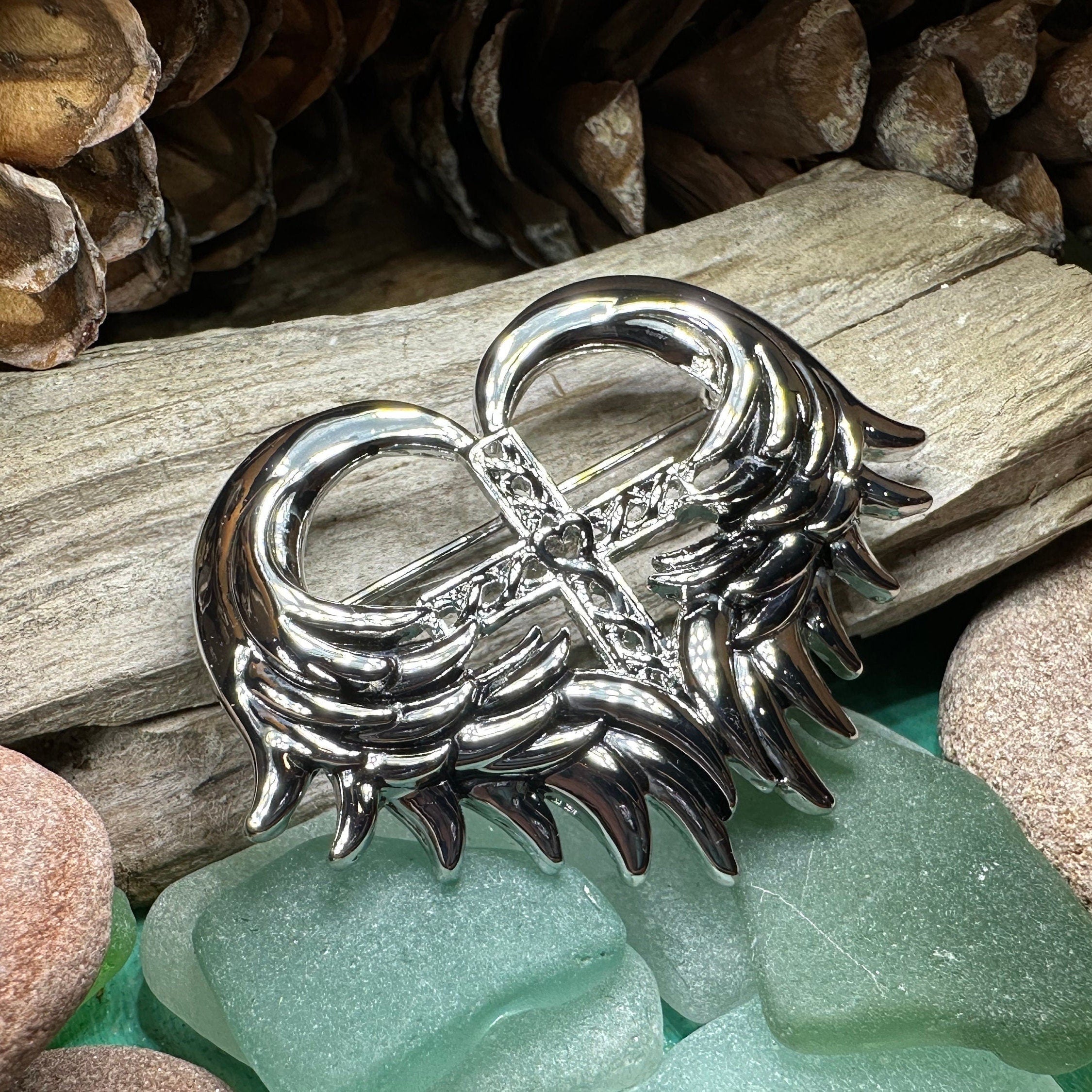 Angel Wings Celtic Cross Brooch