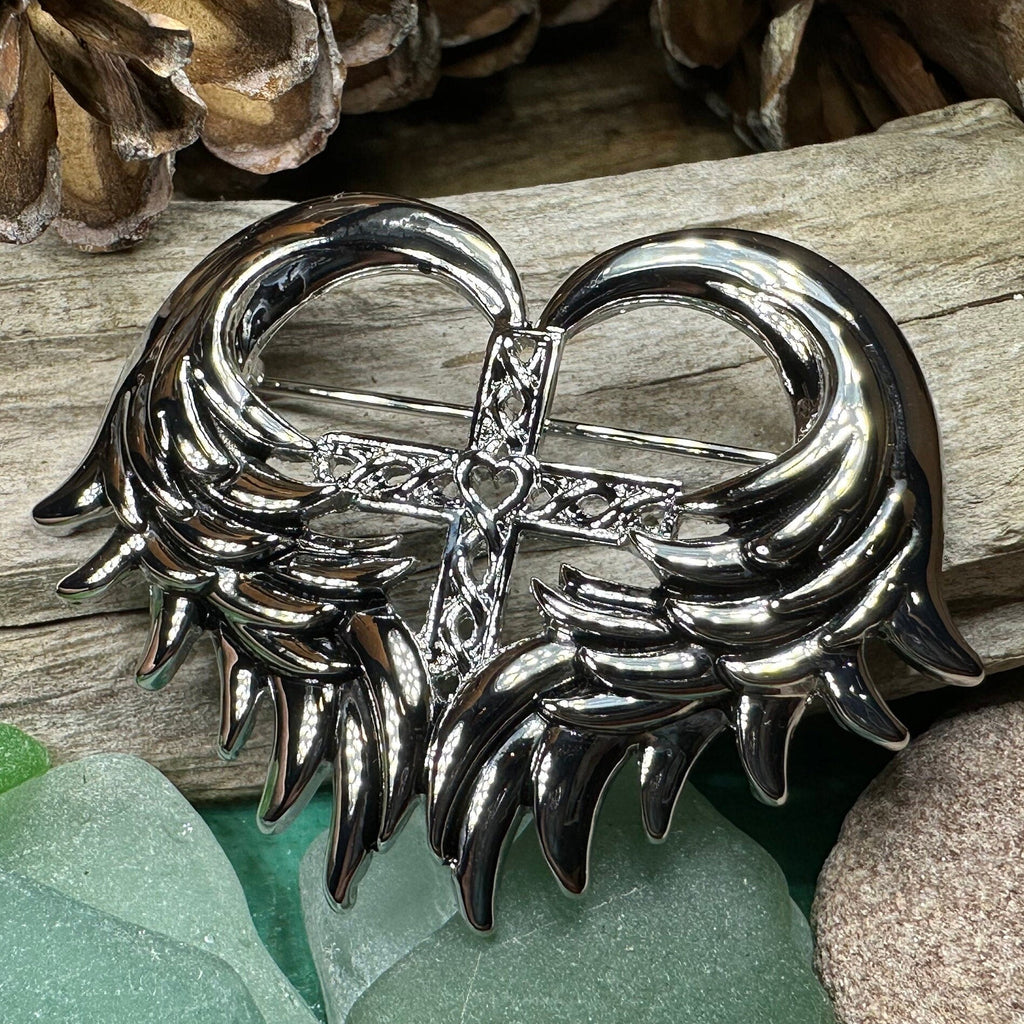 Angel Wings Celtic Cross Brooch