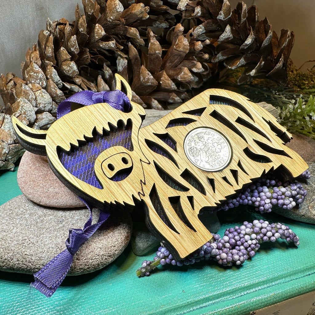 Tartan Highland Cow Lucky Sixpence Ornament