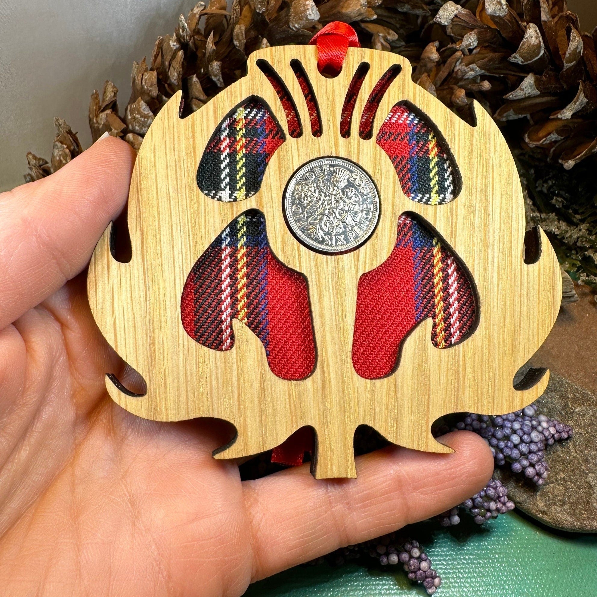 Tartan Thistle Ornament with Lucky Sixpence