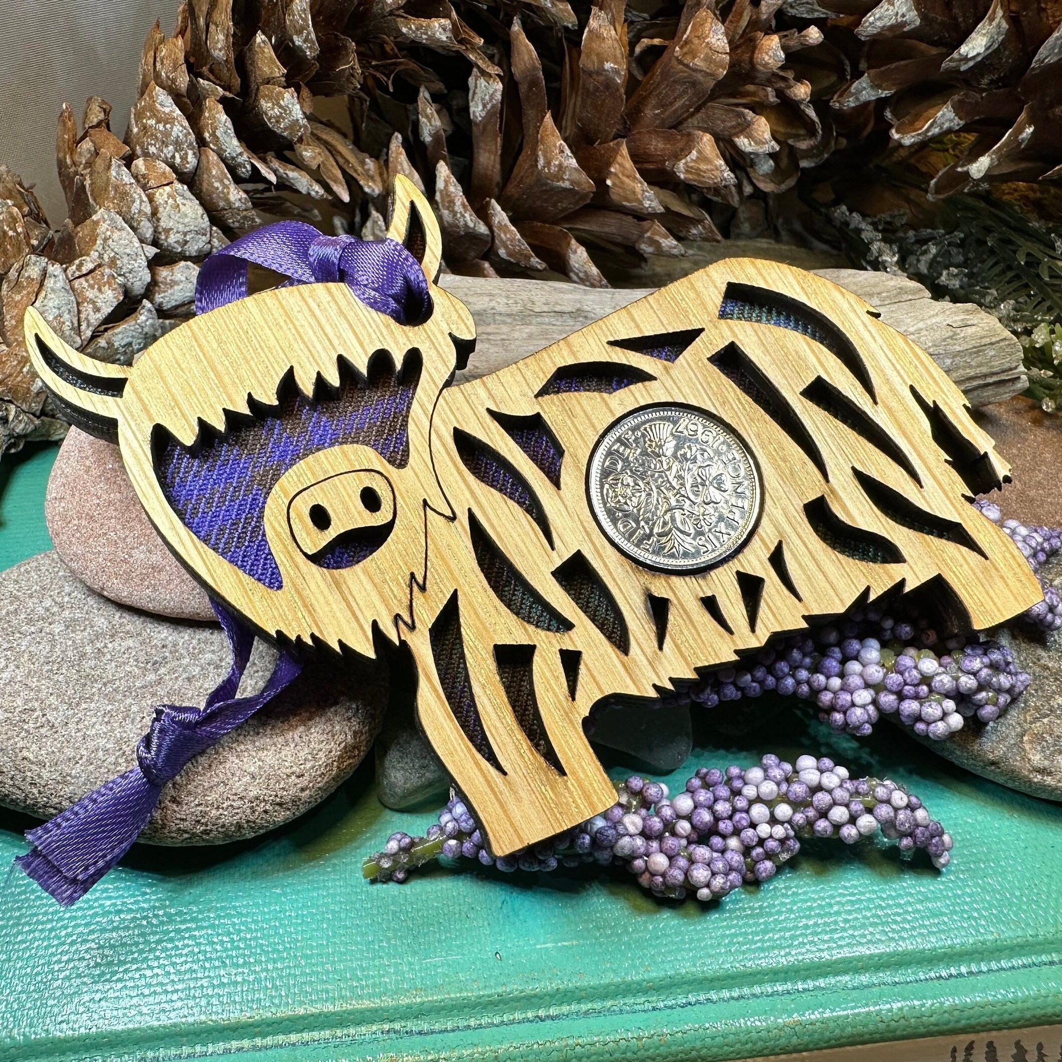 Tartan Highland Cow Lucky Sixpence Ornament