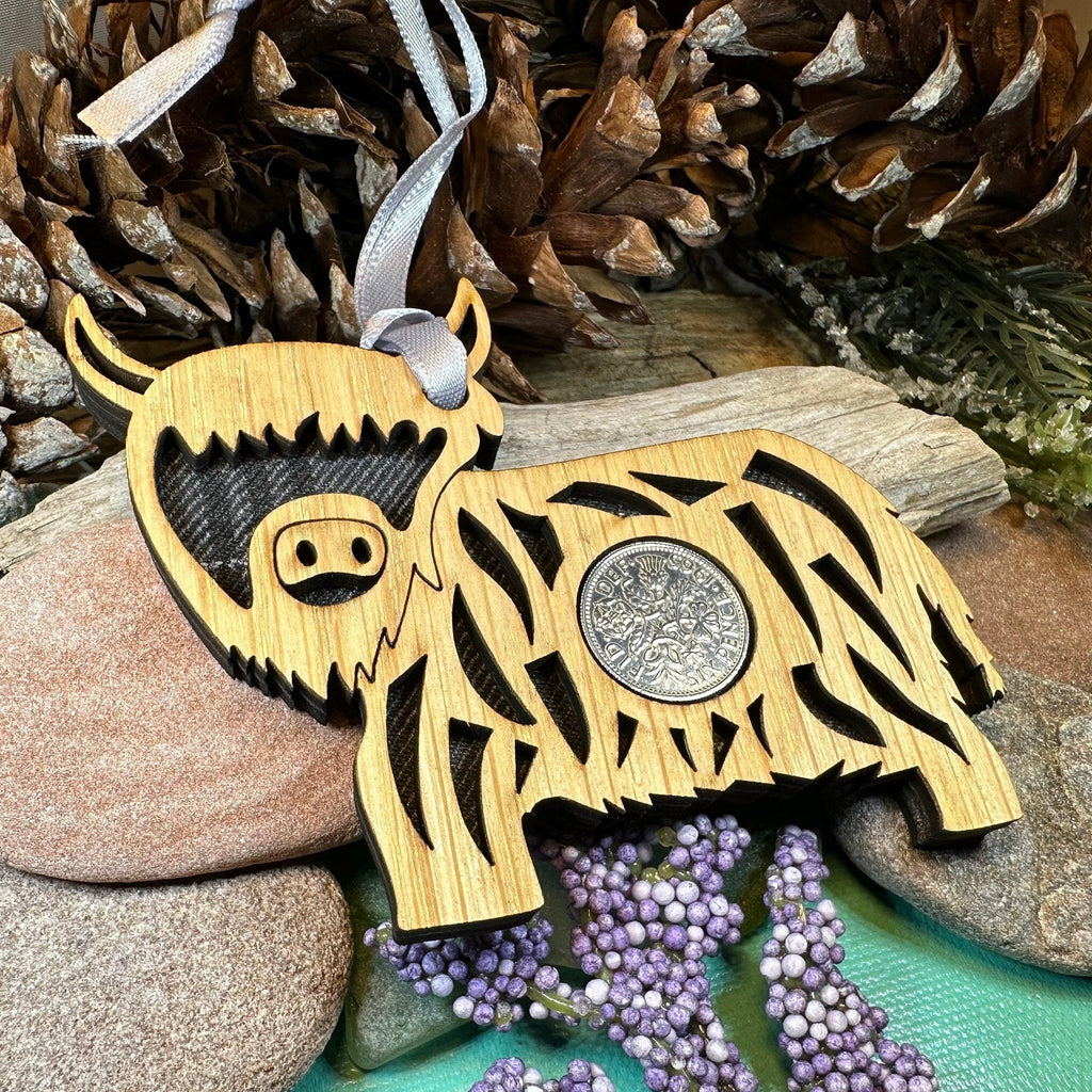 Tartan Highland Cow Lucky Sixpence Ornament