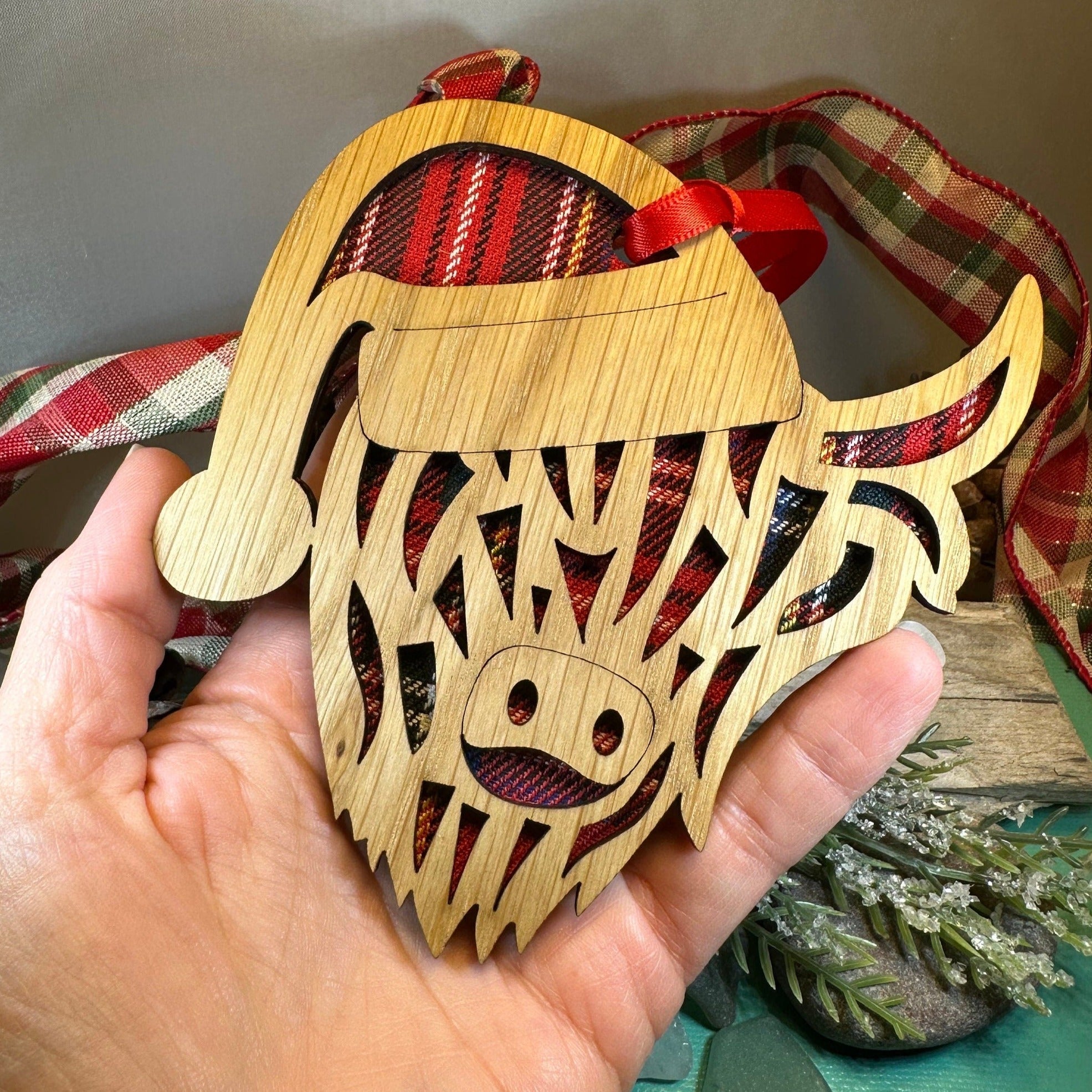 Tartan Santa Highland Cow Ornament