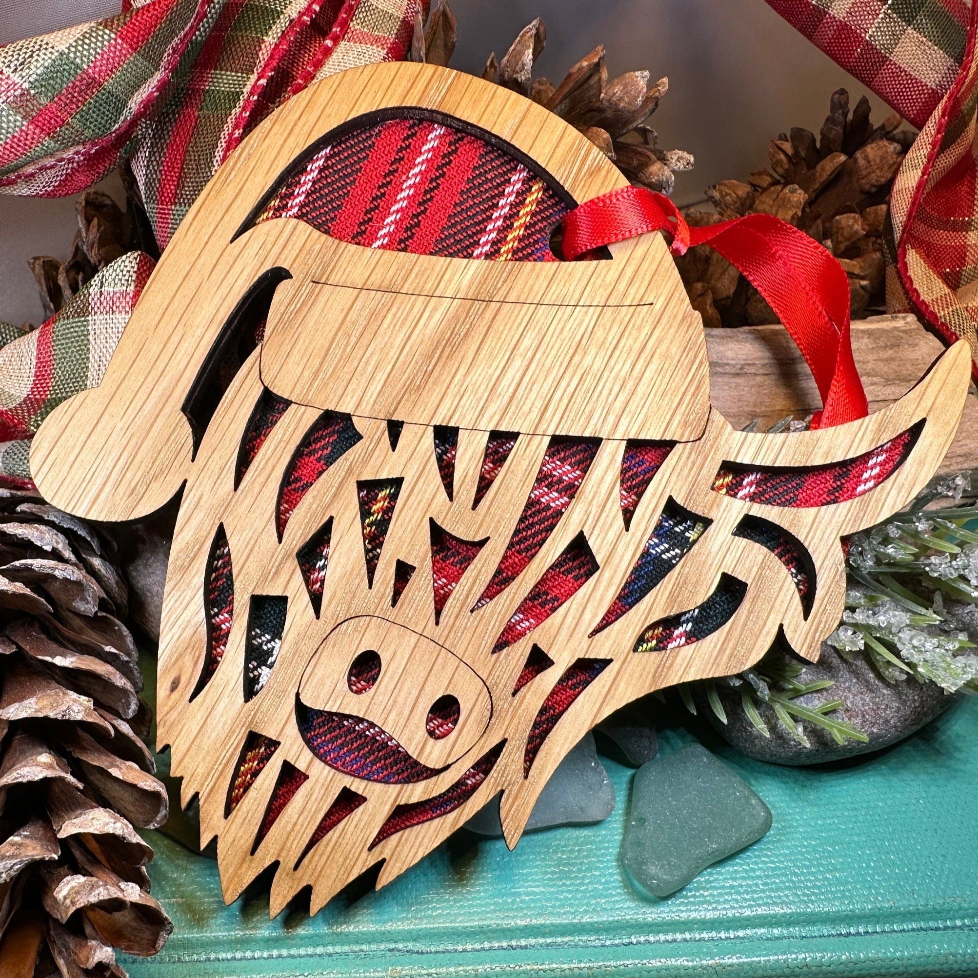 Tartan Santa Highland Cow Ornament