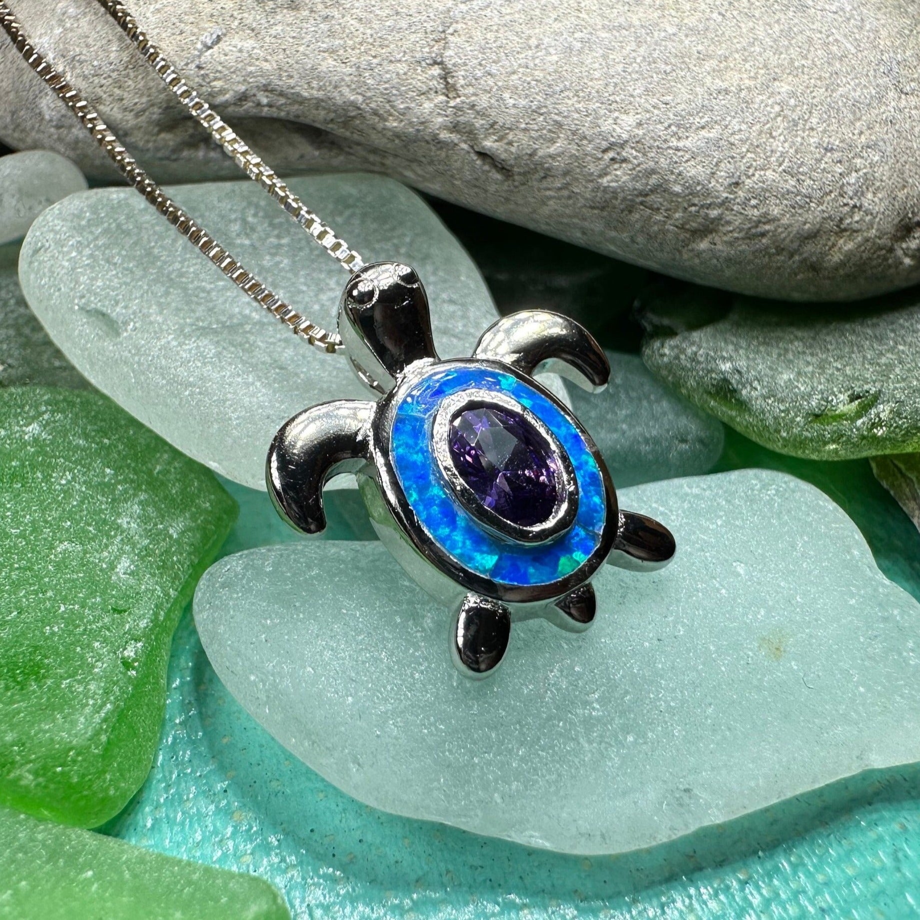 Deep Blue Opal Turtle Necklace