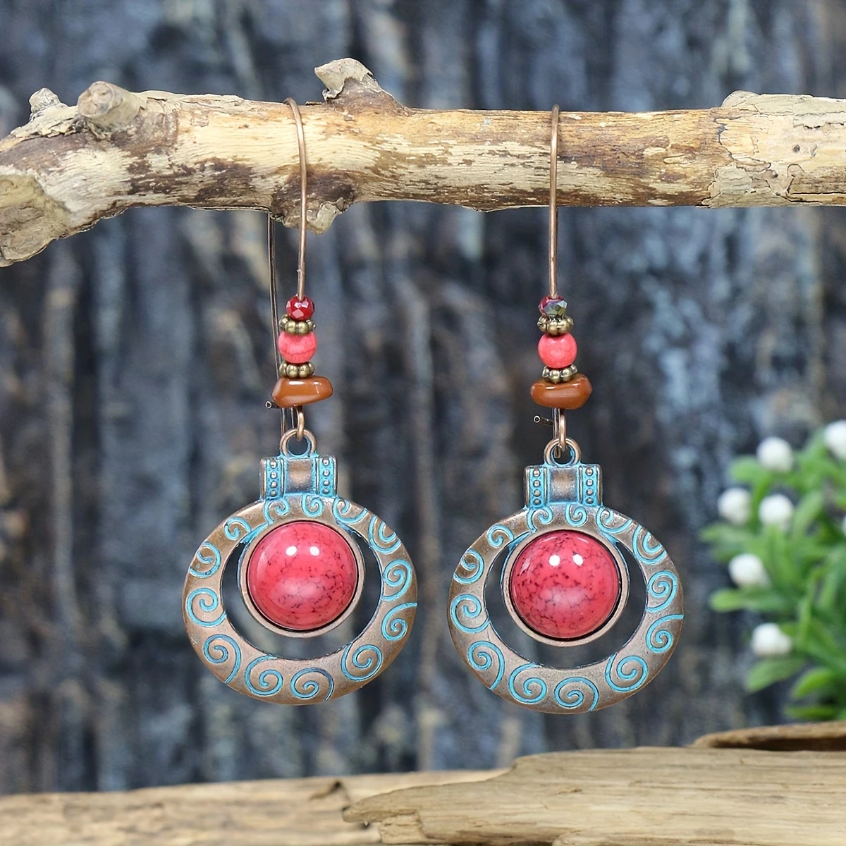 Vintage Red Stone Blue Circle Earrings