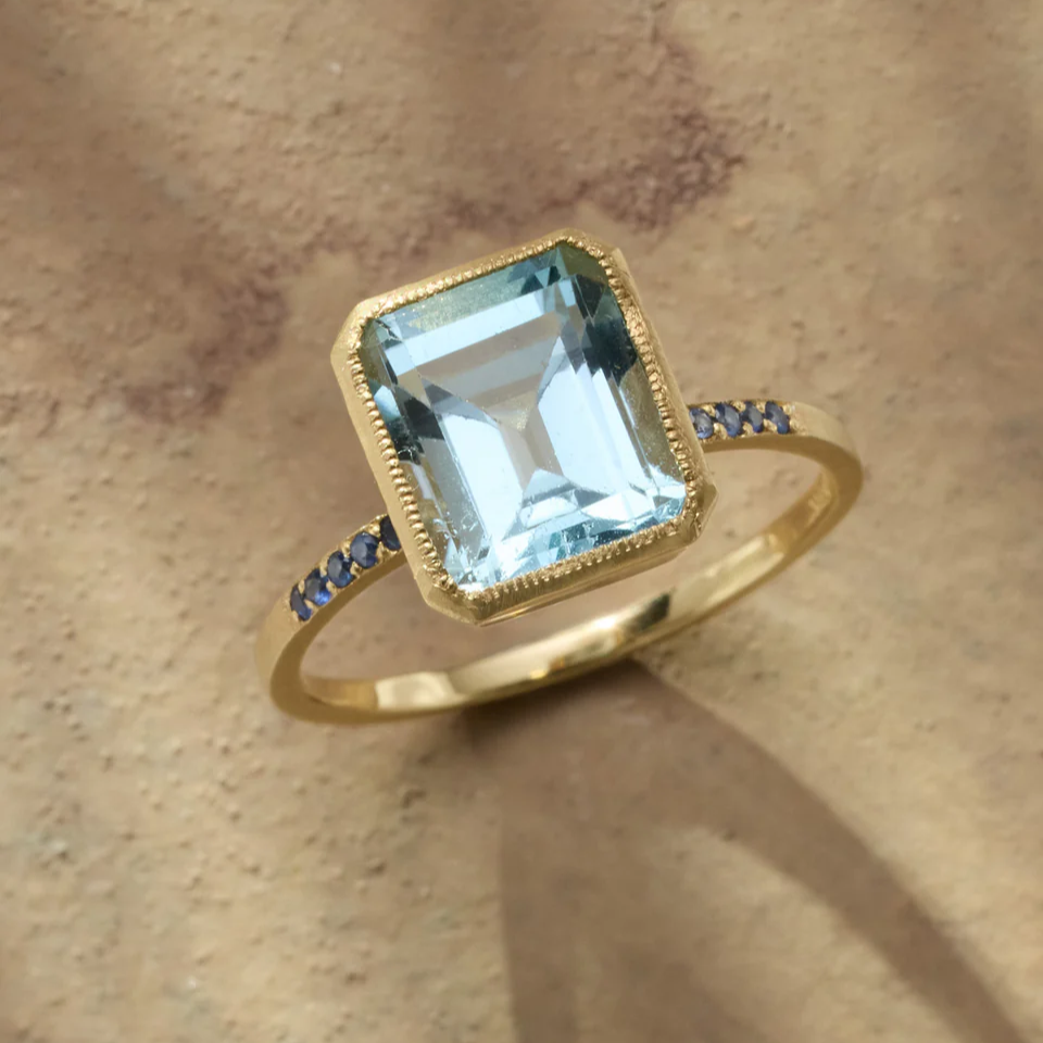 Cubic Blue Glass Gold Ring