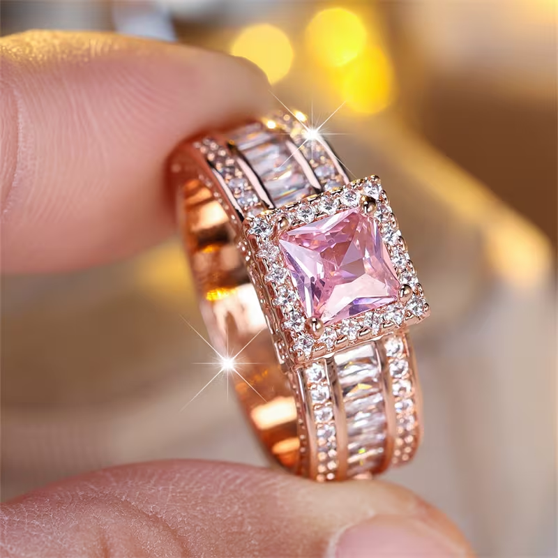 Elegant Pink Glass Gold Ring