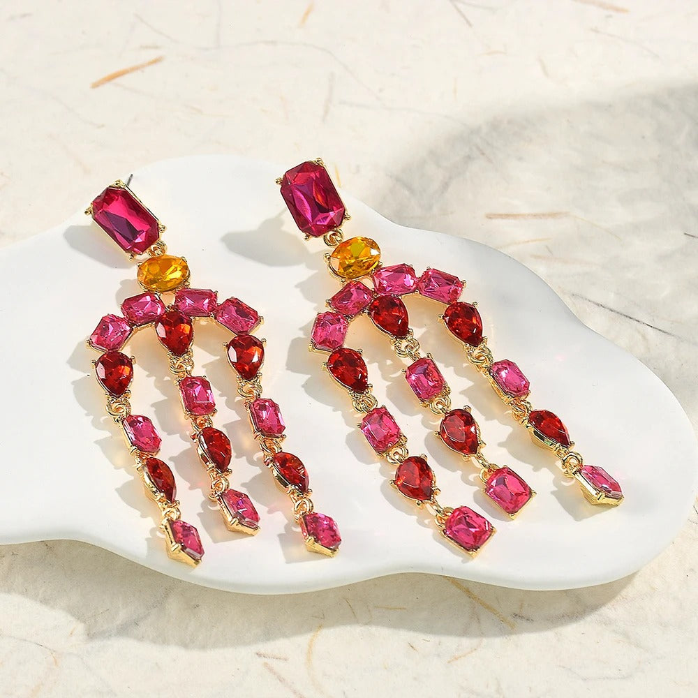 Vintage Red & Pink Crystal Gold Earrings