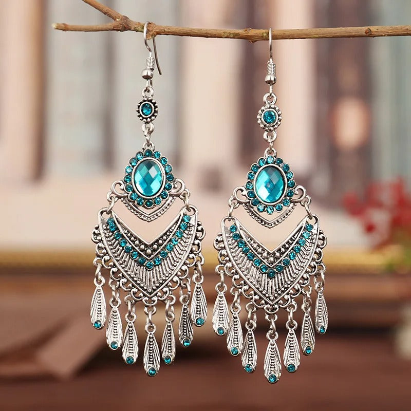 Vintage Silver & Aqua Blue Crystal Drop Earrings