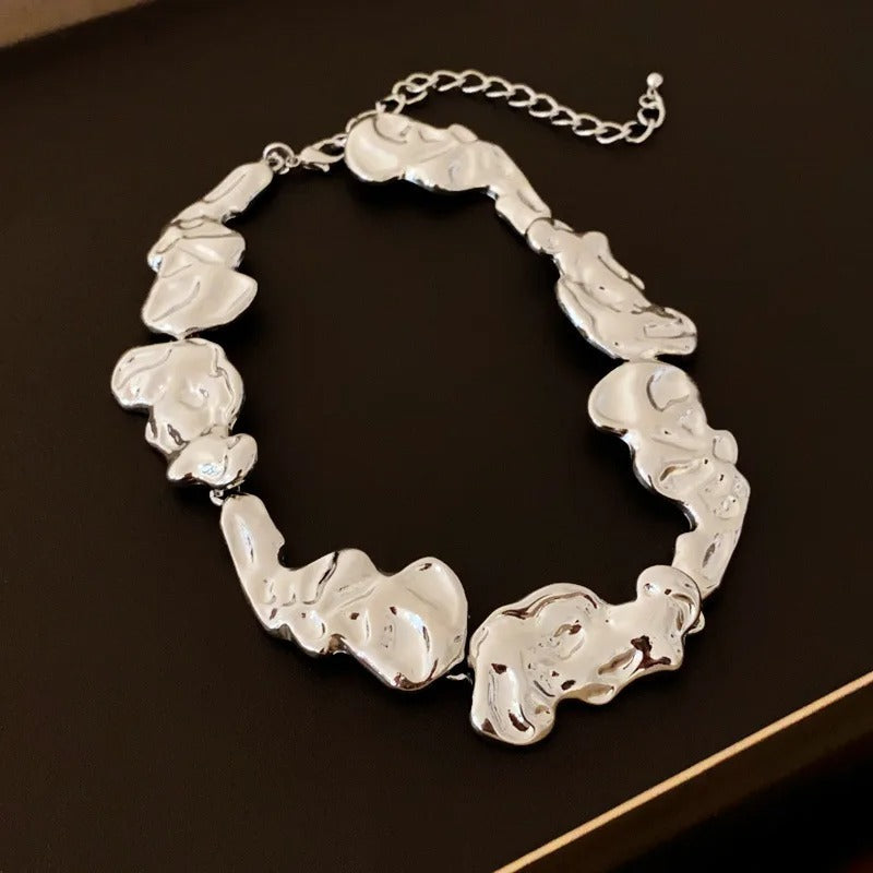 Retro Silver Glossy Abstract Statement Necklace