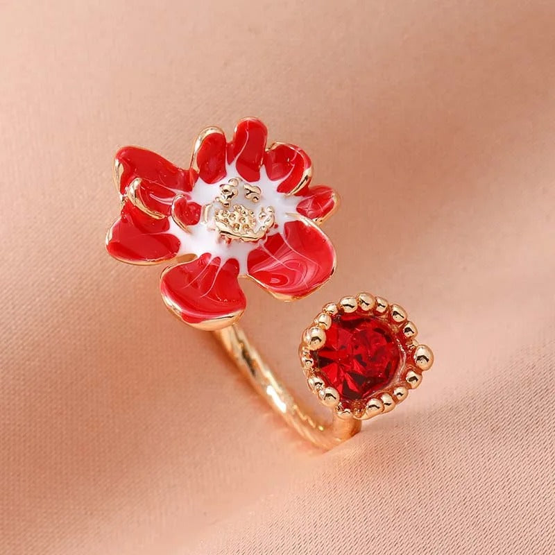 Vintage Red Flower & Radiant Red Gemstone Open Ring