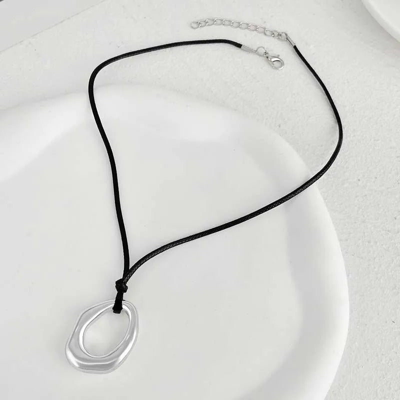 Silver Abstract Shape Pendant & Black Cord Necklace