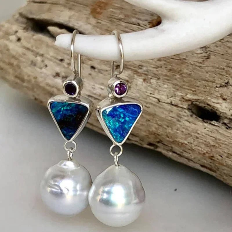 Handmade Silver Blue Opal & Pearl Earrings