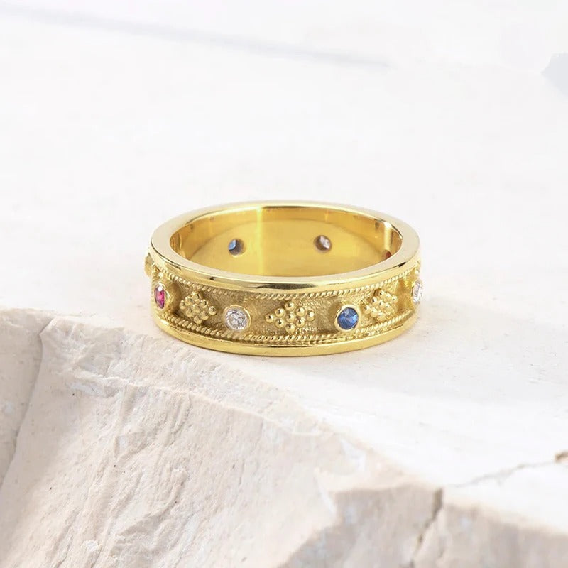 Vintage Gold Colorful Stone Band Ring