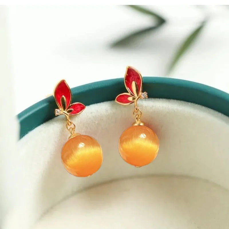 Vintage Gold & Red Butterfly Orange Teardrop Earrings