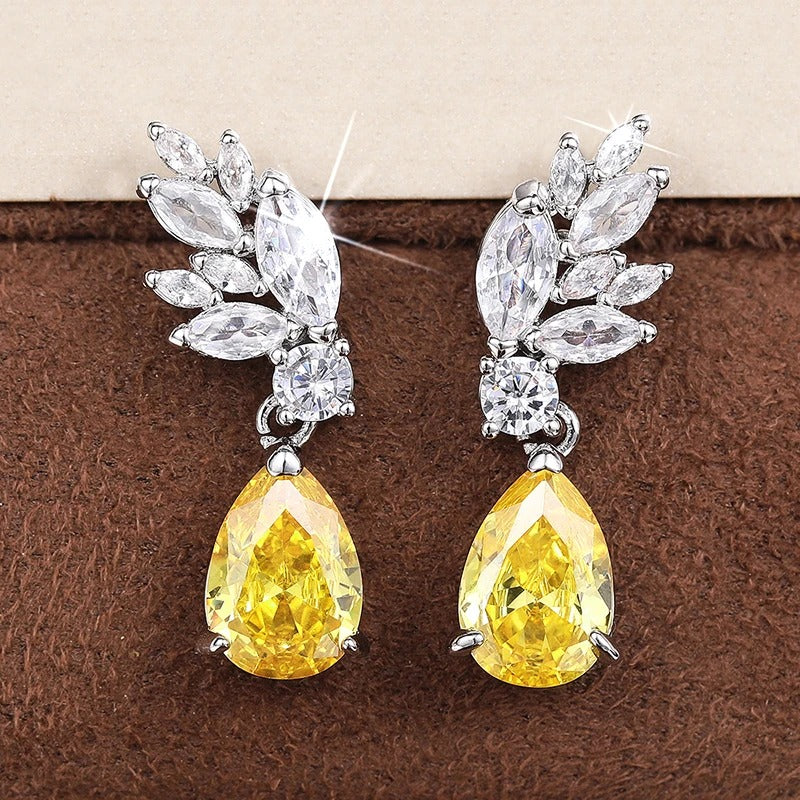 Bright Yellow Pear Zirconia Dangle Earrings