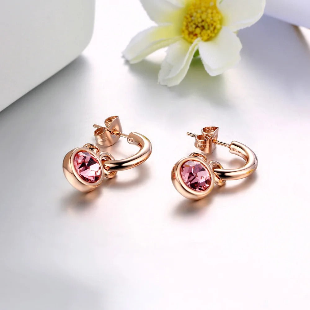 Vintage Rose Gold Pink Crystal Drop Hoop Earrings