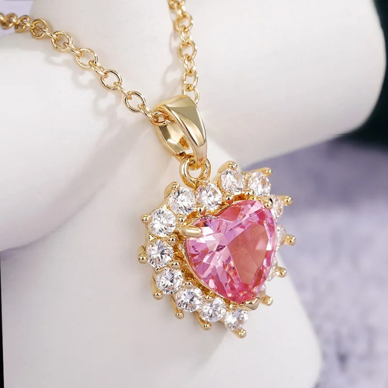 Vintage Gold Pink Heart & Crystal Necklace