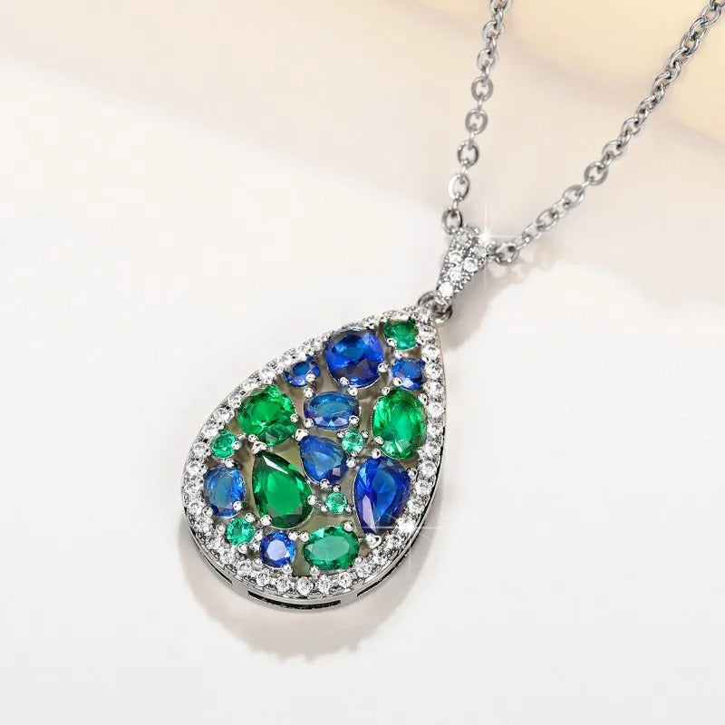 Silver Green & Blue Gemstone Necklace