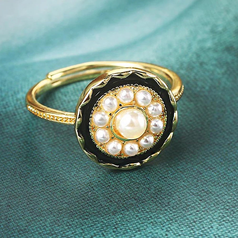 Vintage Gold Black Enamel & Radiant Pearl Adjustable Ring