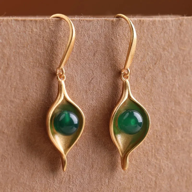 Classic Gold Oval Green Gemstone Leaf Dangle Earrings