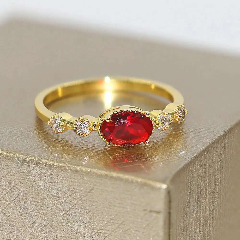 Vintage Gold Vibrant Red Oval Stone Ring