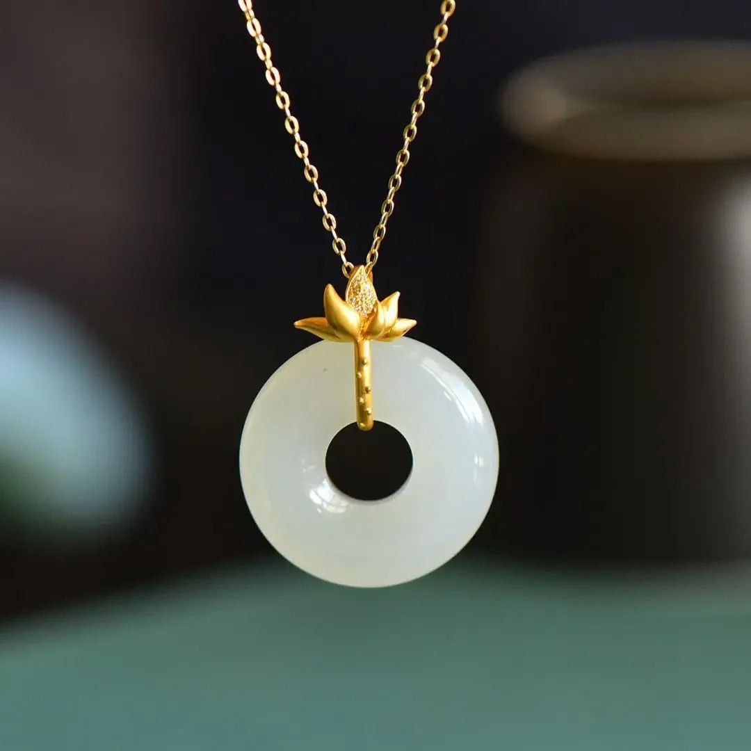 Vintage Gold Lotus & White Circle Pendant Necklace