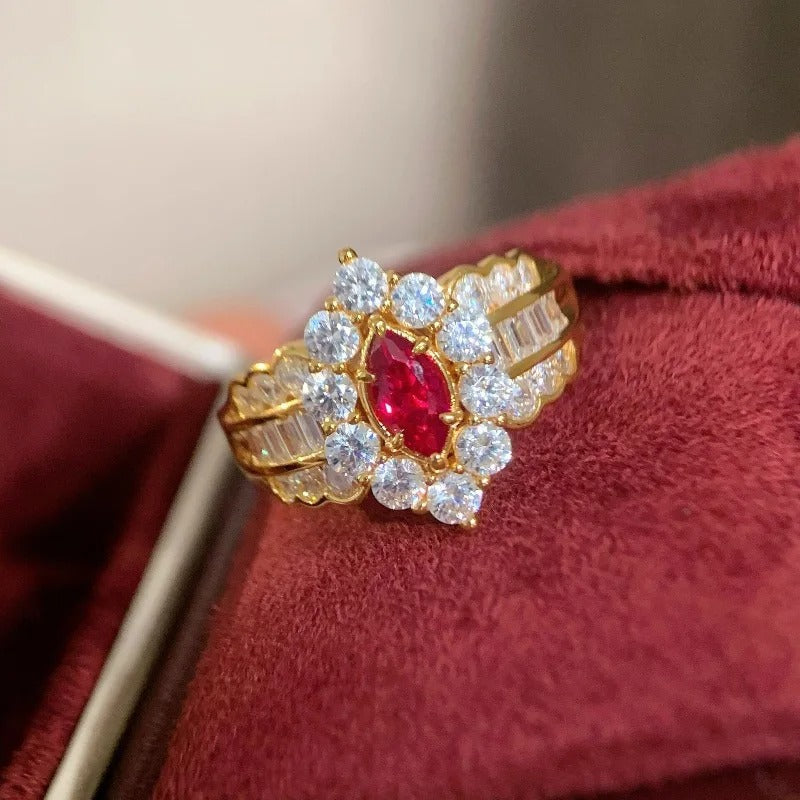 Classic Gorgeous Red & Diamond Gold Adjustable Ring