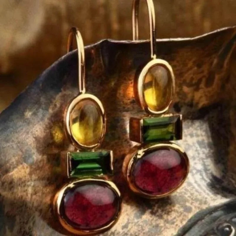 Gold Triple Gemstone Dangle Earrings