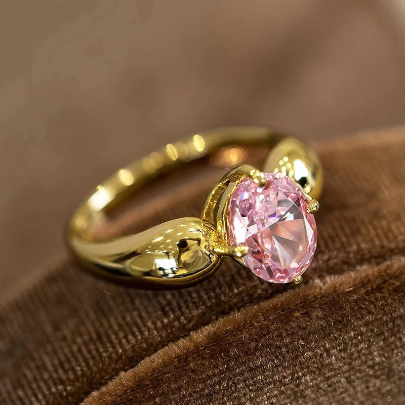 Pink Oval Gemstone & Gold Band Ring