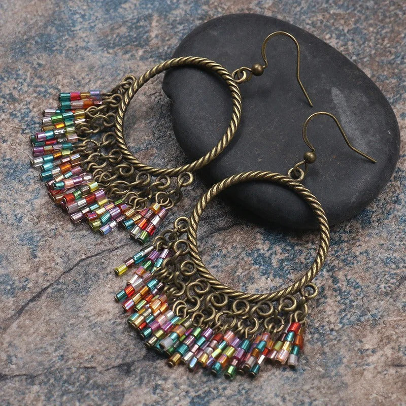 Vintage Multi-Color Beaded Hoop Earrings