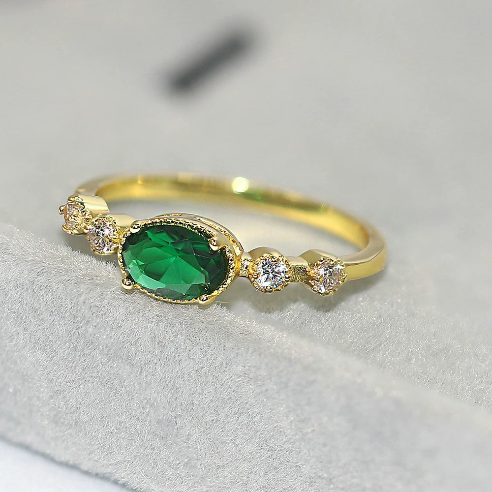 Vintage Gold Green Oval Gemstone & Sparkling Side Ring